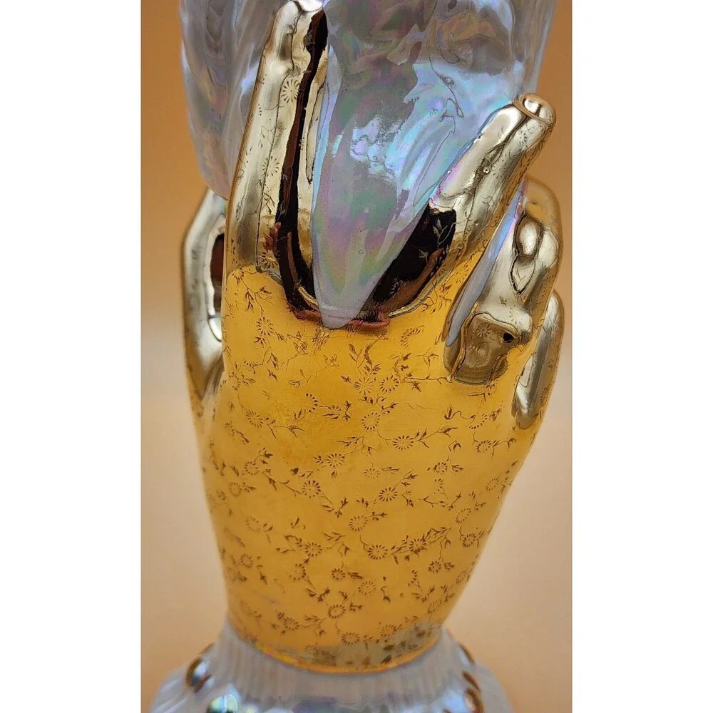 Vintage RARE 22K Gold Lace Glove Holding LUSTERWARE Opalescent Sculptured Vase